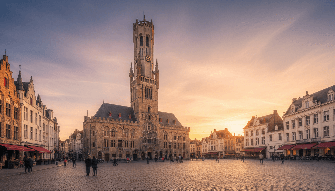 The iconic Belfry of Bruges at golden hour, with medieval architecture and cobblestone streets below