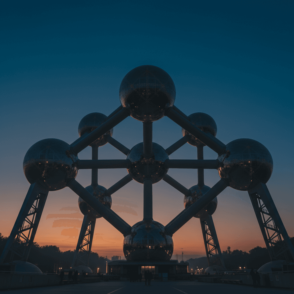 Atomium architectural icon lit at dusk in Brussels