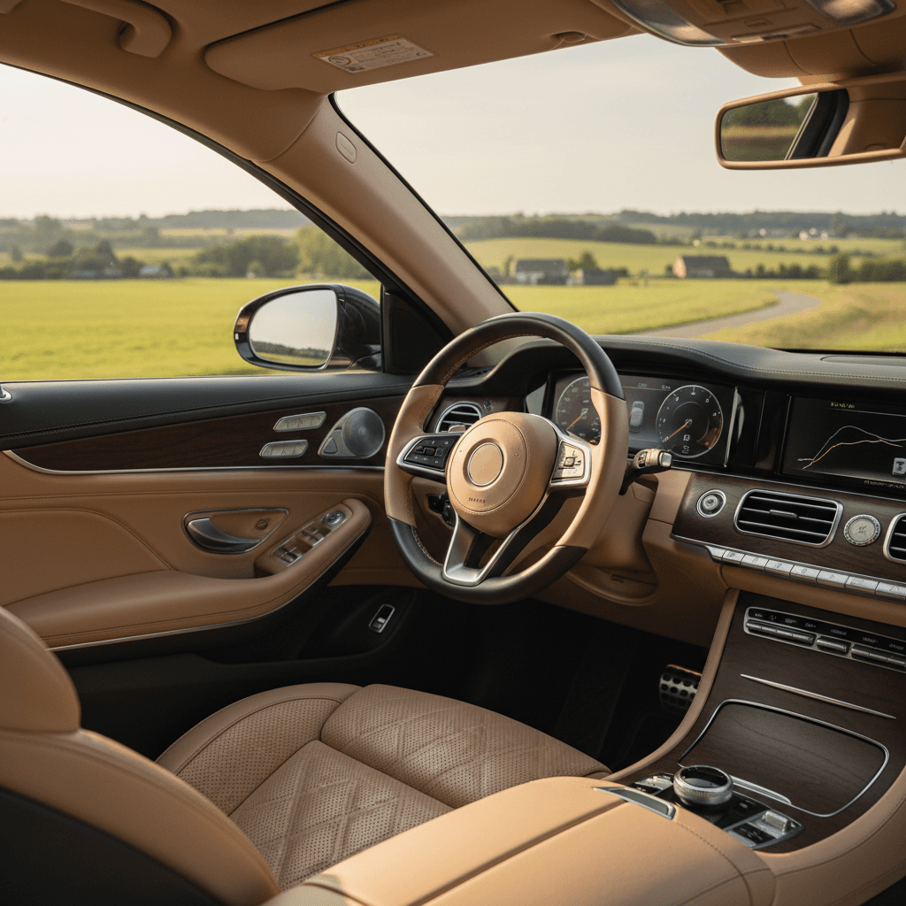 Premium luxury car interior during Belgian countryside drive