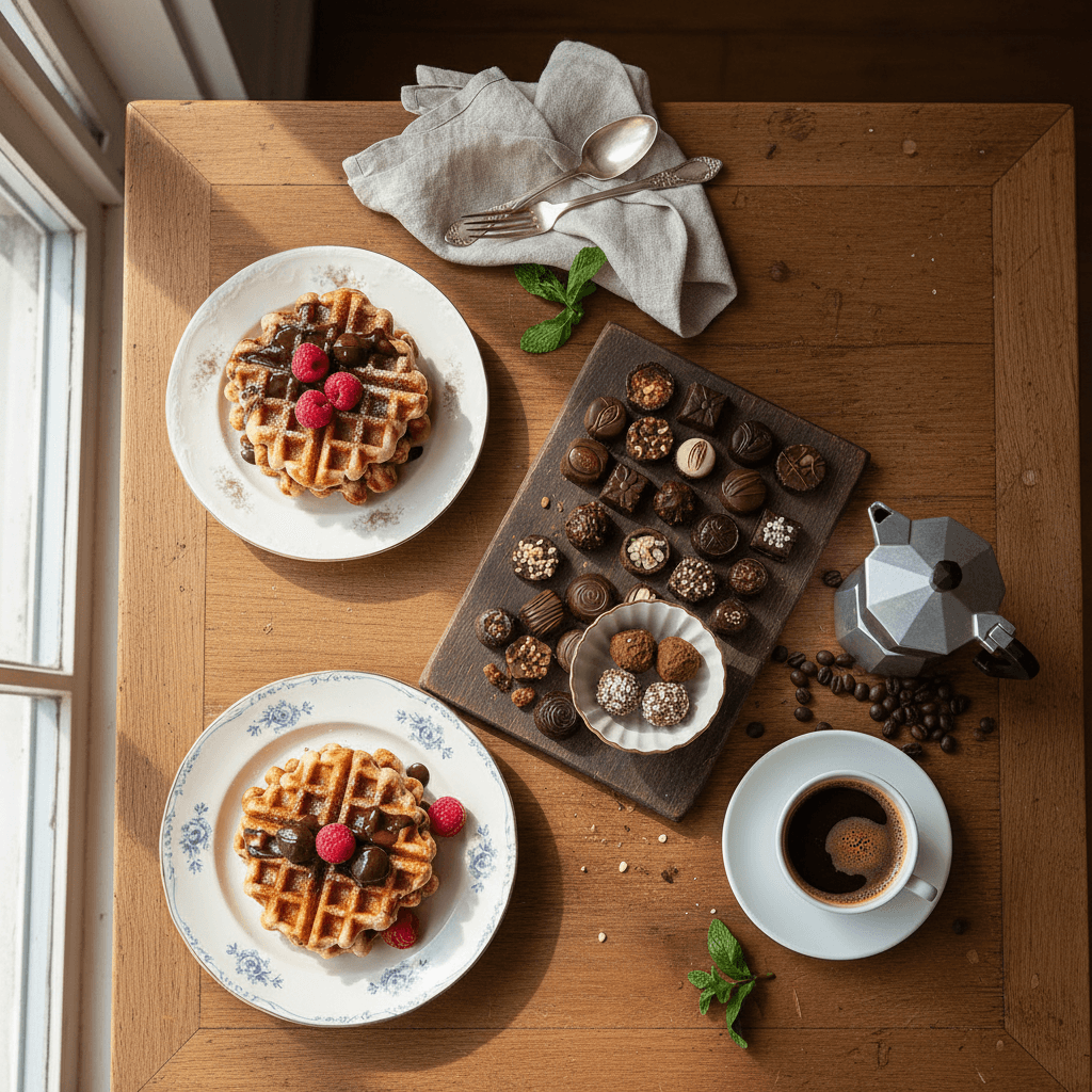 Traditional Belgian treats and coffee on vintage table