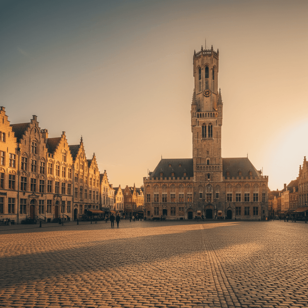 Medieval Belfry tower in Bruges at golden hour