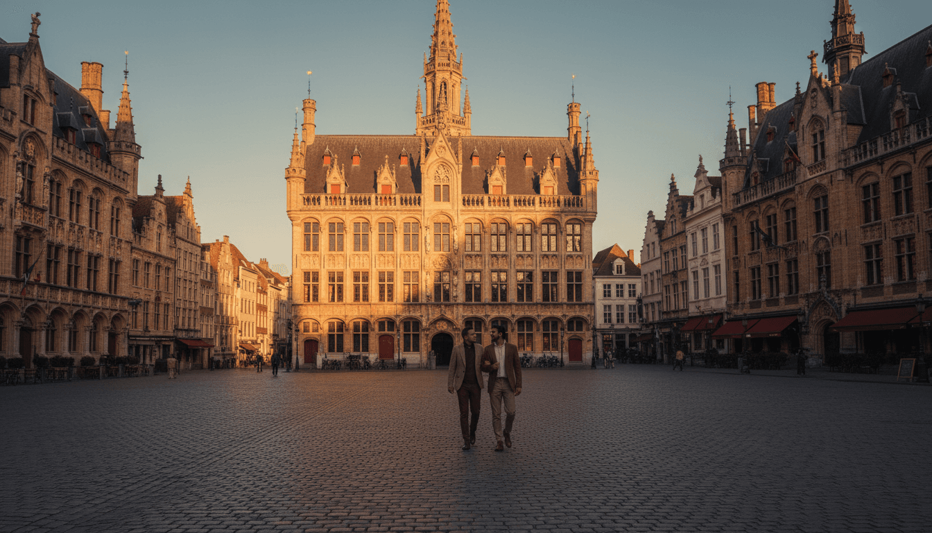 Elegant couple exploring the historic Grand Place in Bruges during golden hour, surrounded by ornate medieval architecture