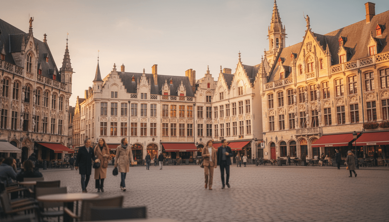 Medieval architecture of Bruges Grand Place bathed in golden hour light, showing historic guild houses and Belfry tower