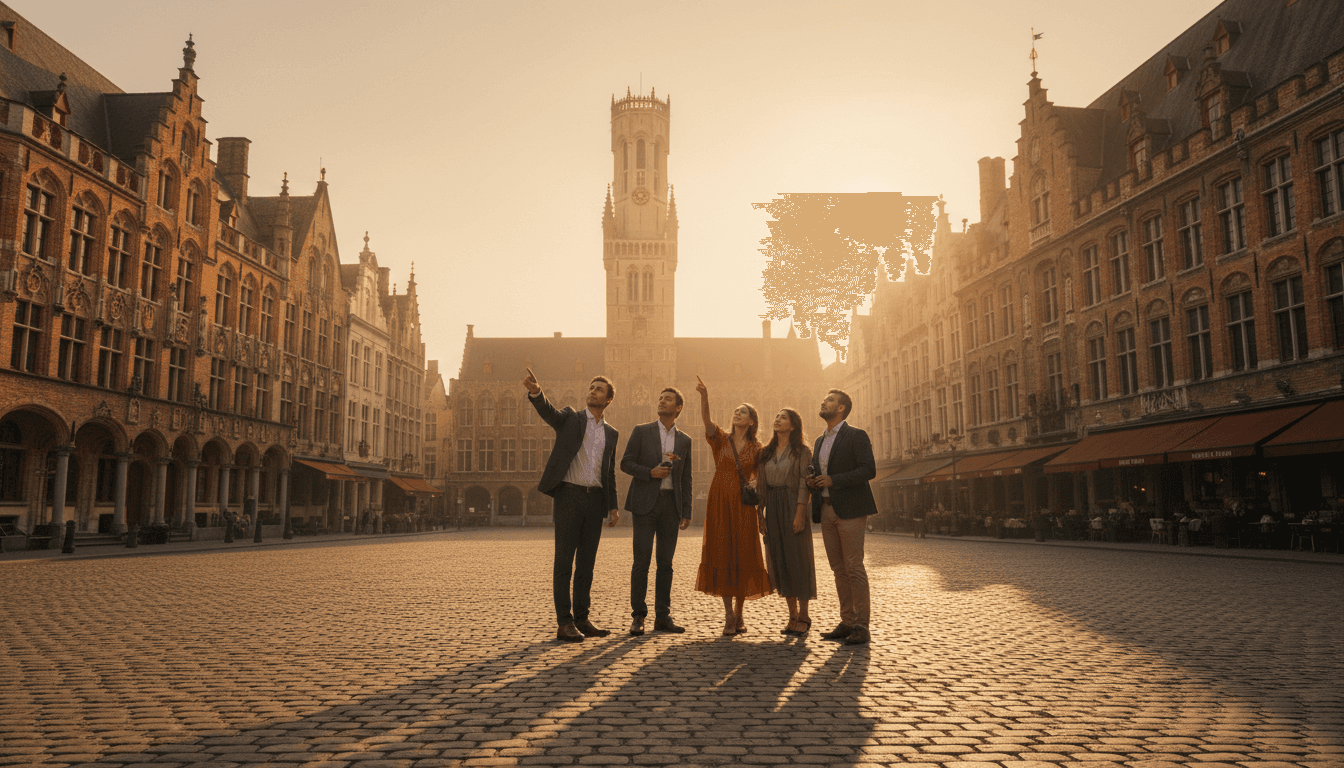 Travelers discovering the medieval architecture of Bruges with golden light illuminating historic buildings