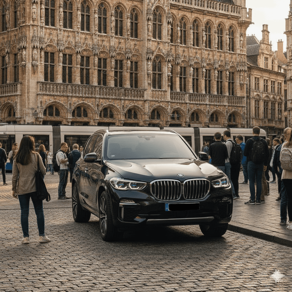Black BMW SUV parked on a cobblestone square in front of an ornate Gothic building.